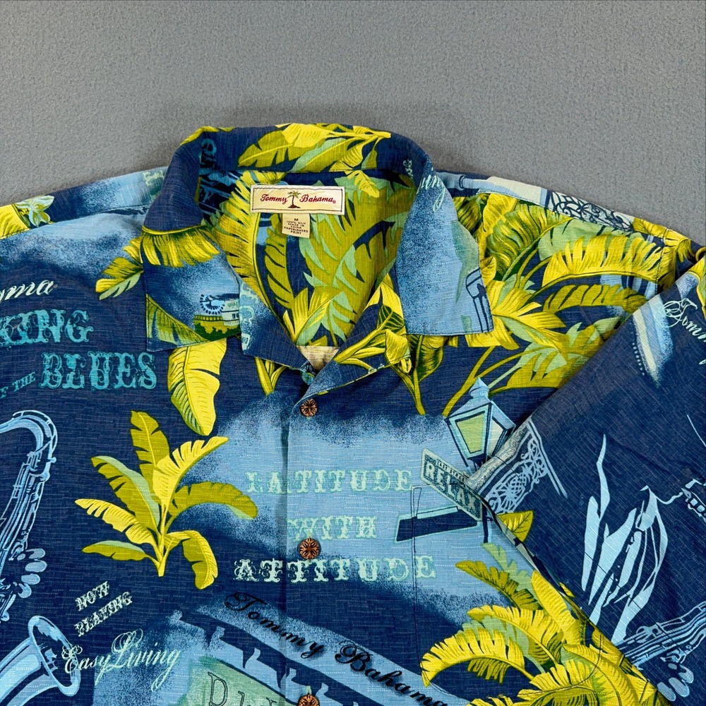 Tommy Bahama Mens M Silk Blue Yellow Latitude With Attitude Jazz Hawaiian Shirt